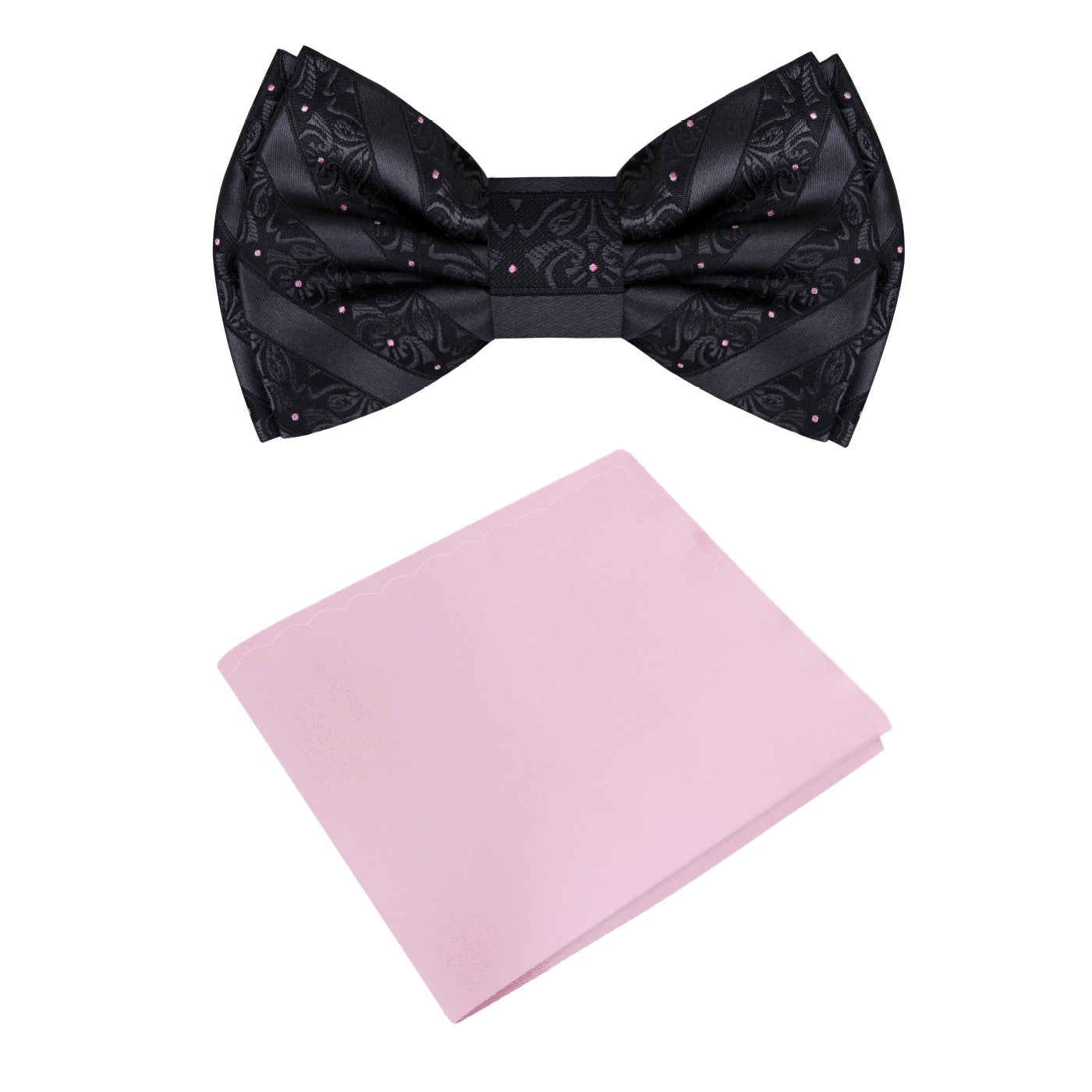 Close-up of kids black bow tie with intricate vine pattern, suitable for formal wear