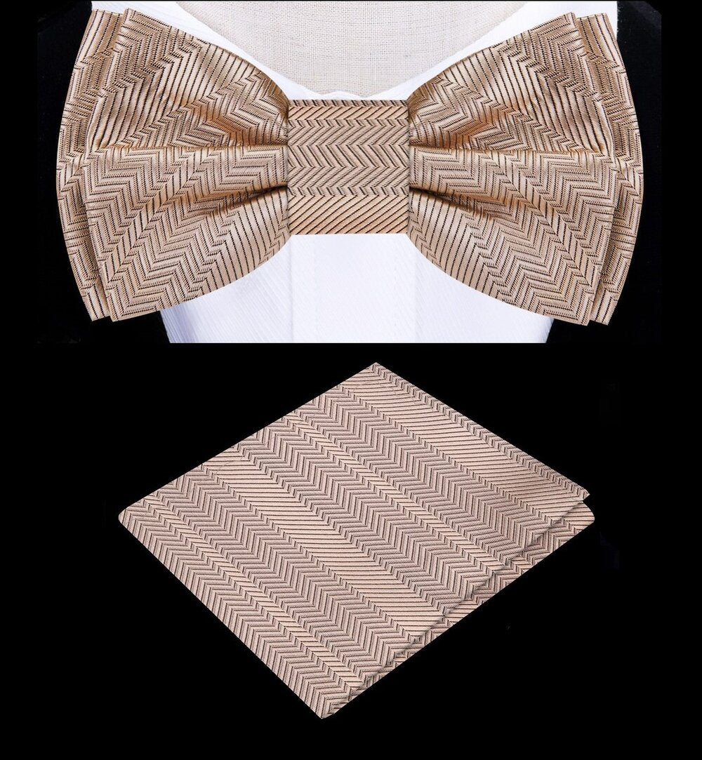 Front view of a kids metallic wheat bow tie and pocket square set on a white background