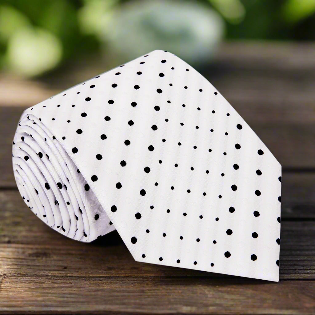 Silk polka dot necktie with pocket square set in white and black for formal events