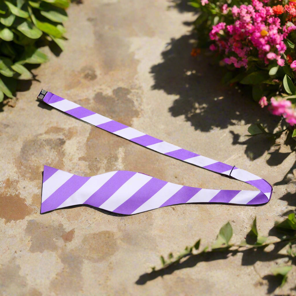 Elegant Red and White Stripe Self-Tie Bow Tie displayed elegantly on a dress shirt.