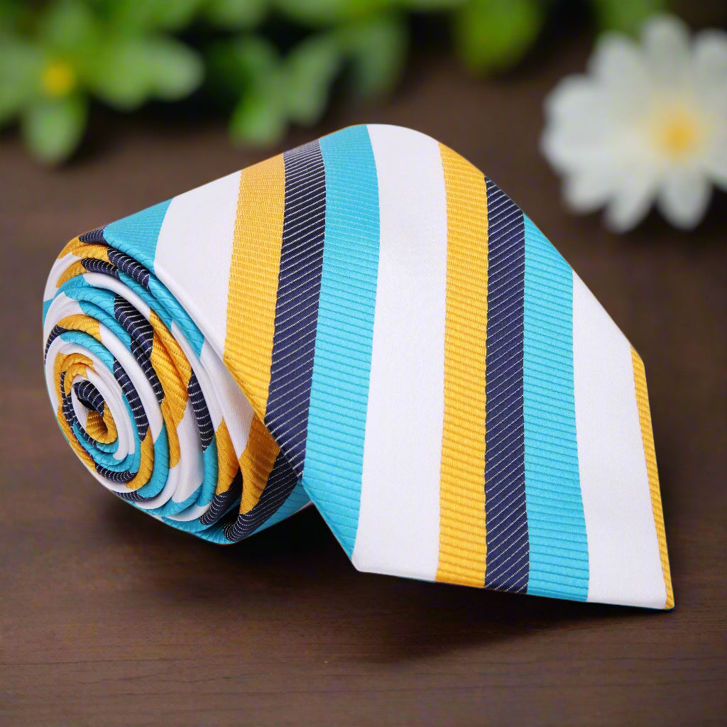 Close-up of Bexington striped tie showing vibrant blue and yellow stripes, perfect for formal occasions