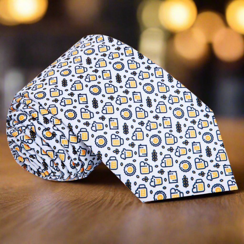 Close-up of beer pattern silk tie showing vibrant colors and detailed design