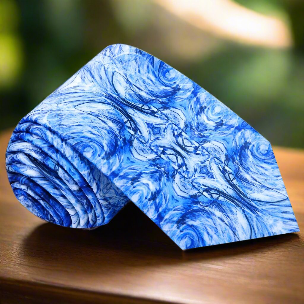 Close-up of the abstract swirl pattern on a blue silk tie, ideal for weddings and business events.