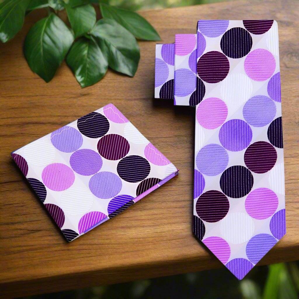 Man wearing a colorful polka dot tie at a wedding, displaying a stylish and confident look.