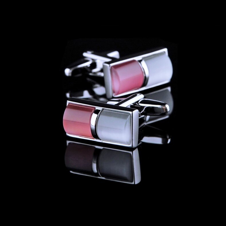 Trendy rectangular cufflinks with white shell pink details, ideal for gifting.