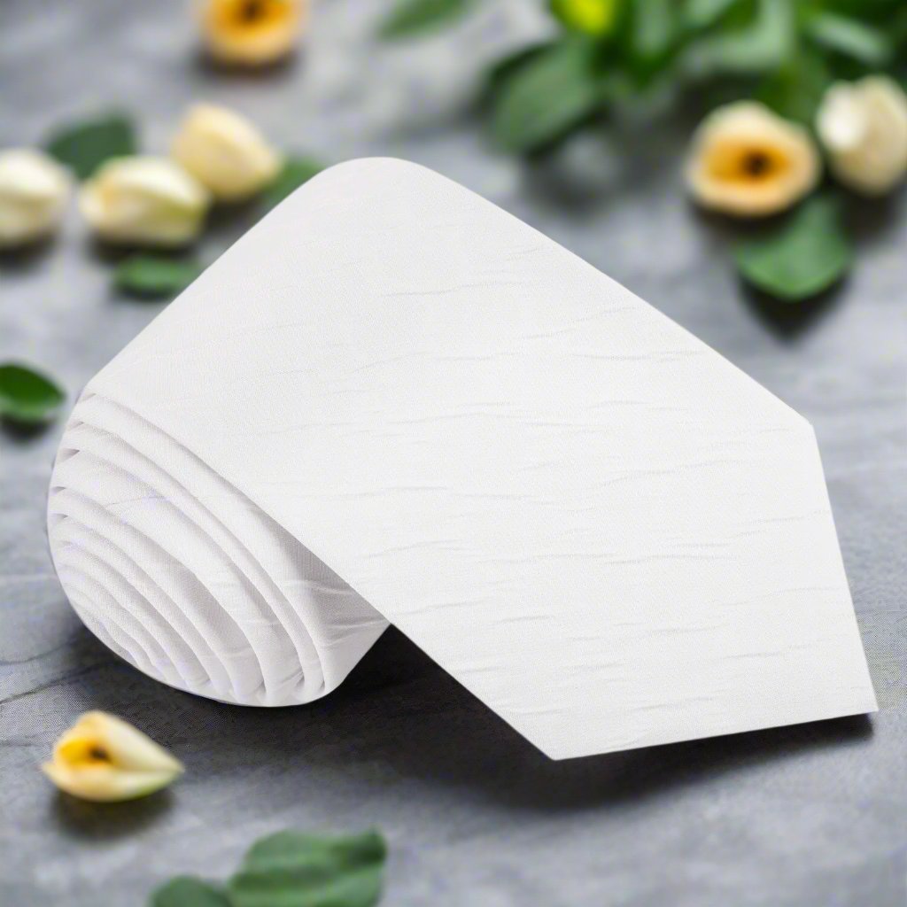 Elegant Textured White Silk Tie displayed on a formal suit, highlighting its rich texture and color.