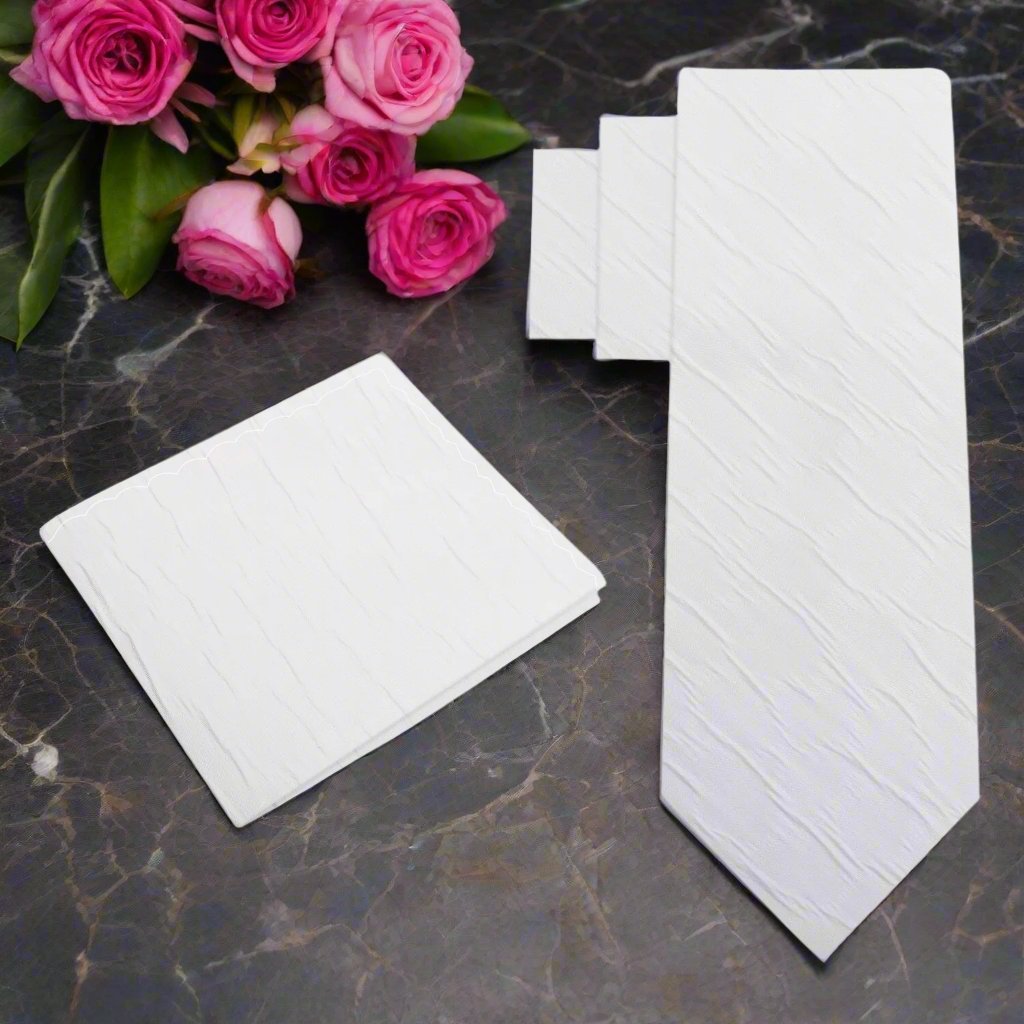 Model wearing the best mens white silk tie for events, demonstrating its versatility and elegance.