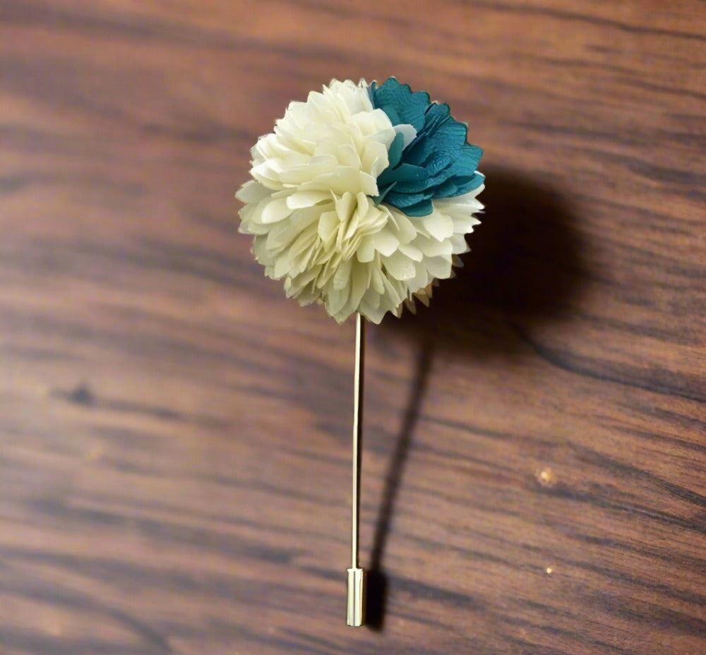 Close-up of mens flower petal lapel pin in red and black, showcasing intricate petal design.