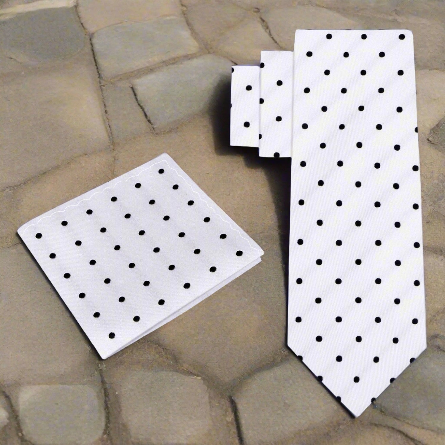 Close-up of a classic polka dot silk necktie with a sleek design