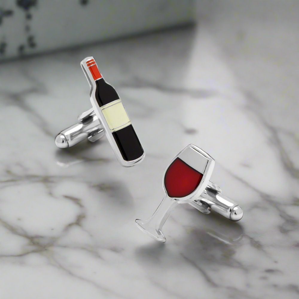 Champagne Elegance Cufflinks displayed with a navy blue suit, illustrating their sophisticated style.