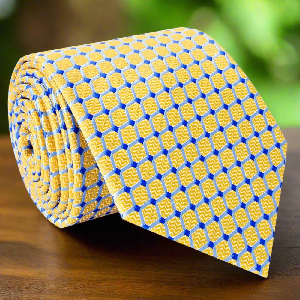 Vibrant yellow geometric tie for men, ideal for office or wedding wear