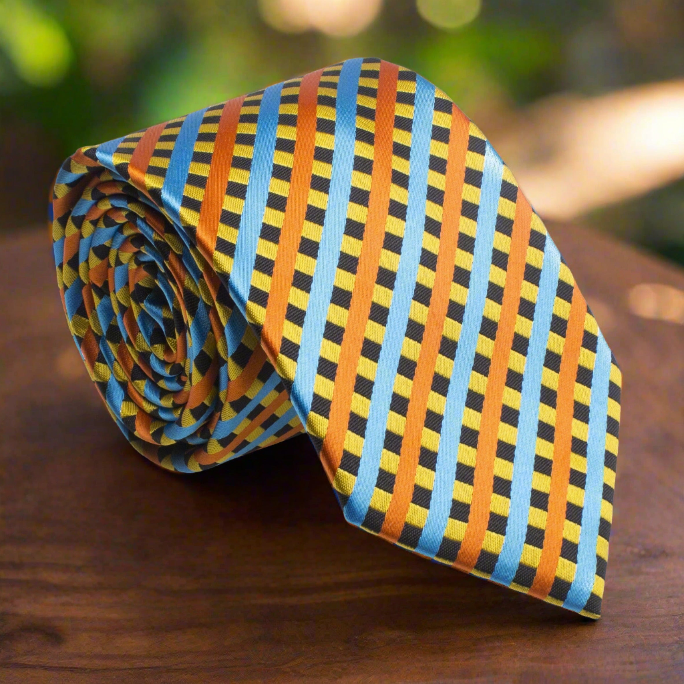 Close-up of a vibrant blue, yellow, and orange plaid silk tie for men