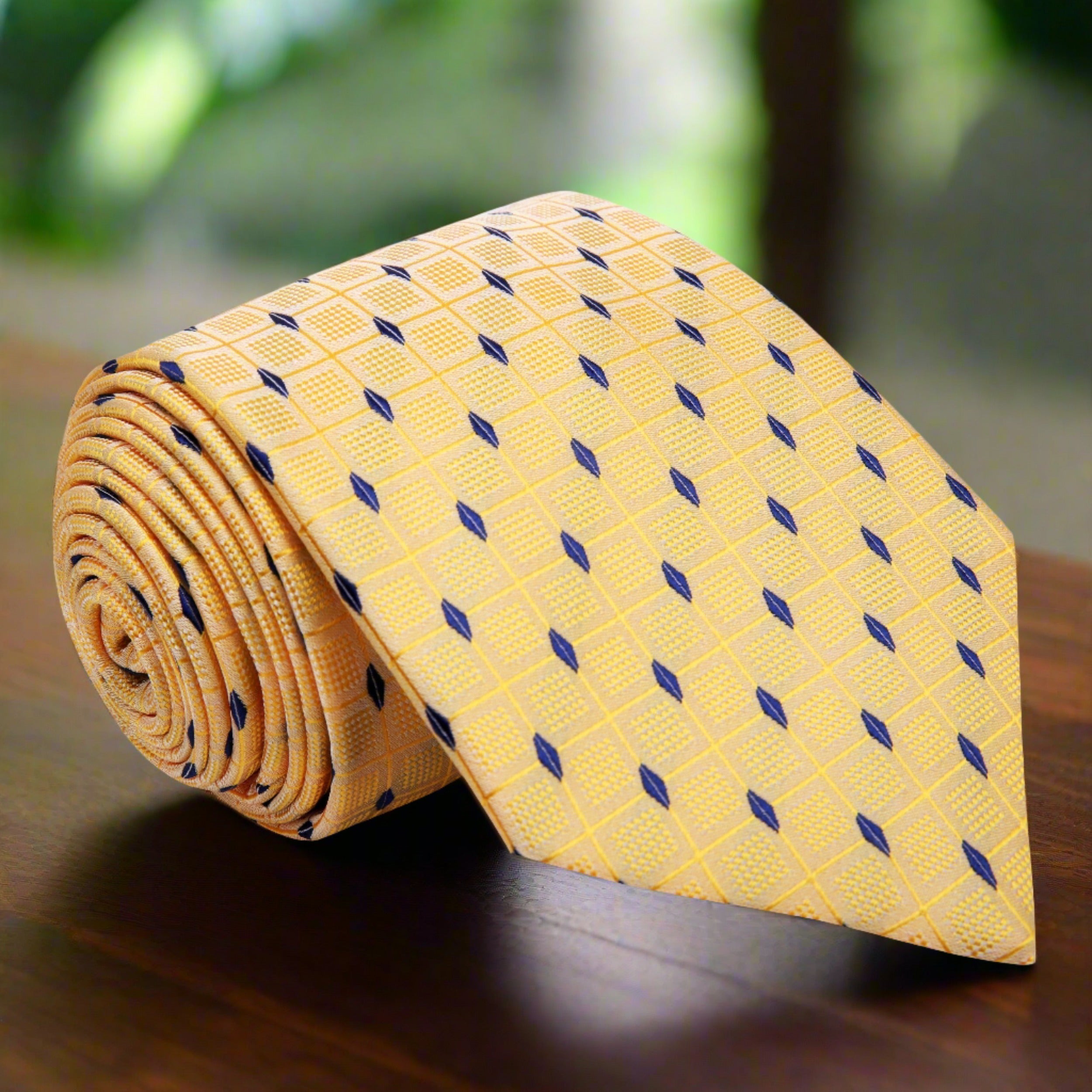 Golden blue geometric silk tie showcasing the rich blue diamond pattern and golden yellow background.