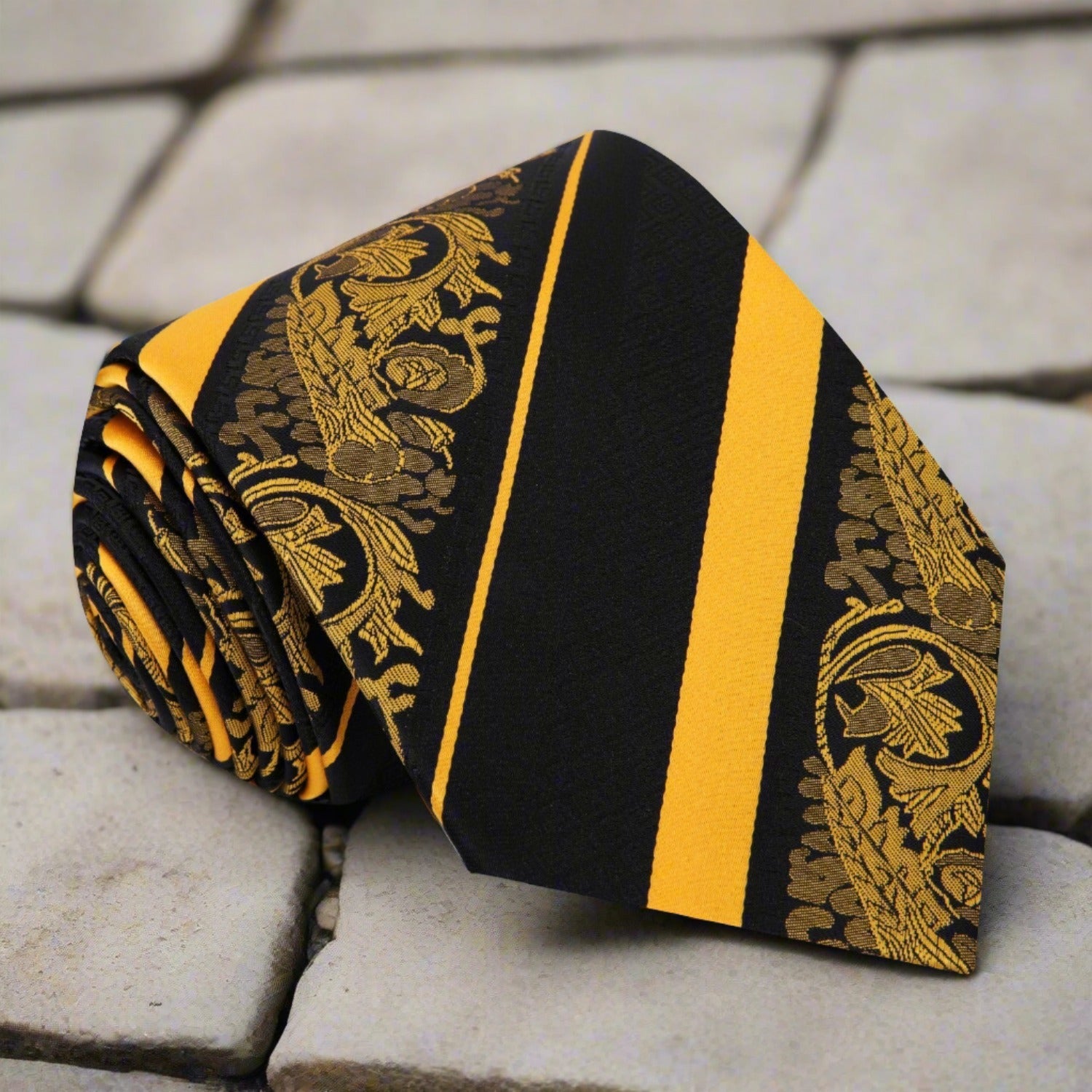 Cadenza floral silk necktie in black with yellow, perfect for formal events.