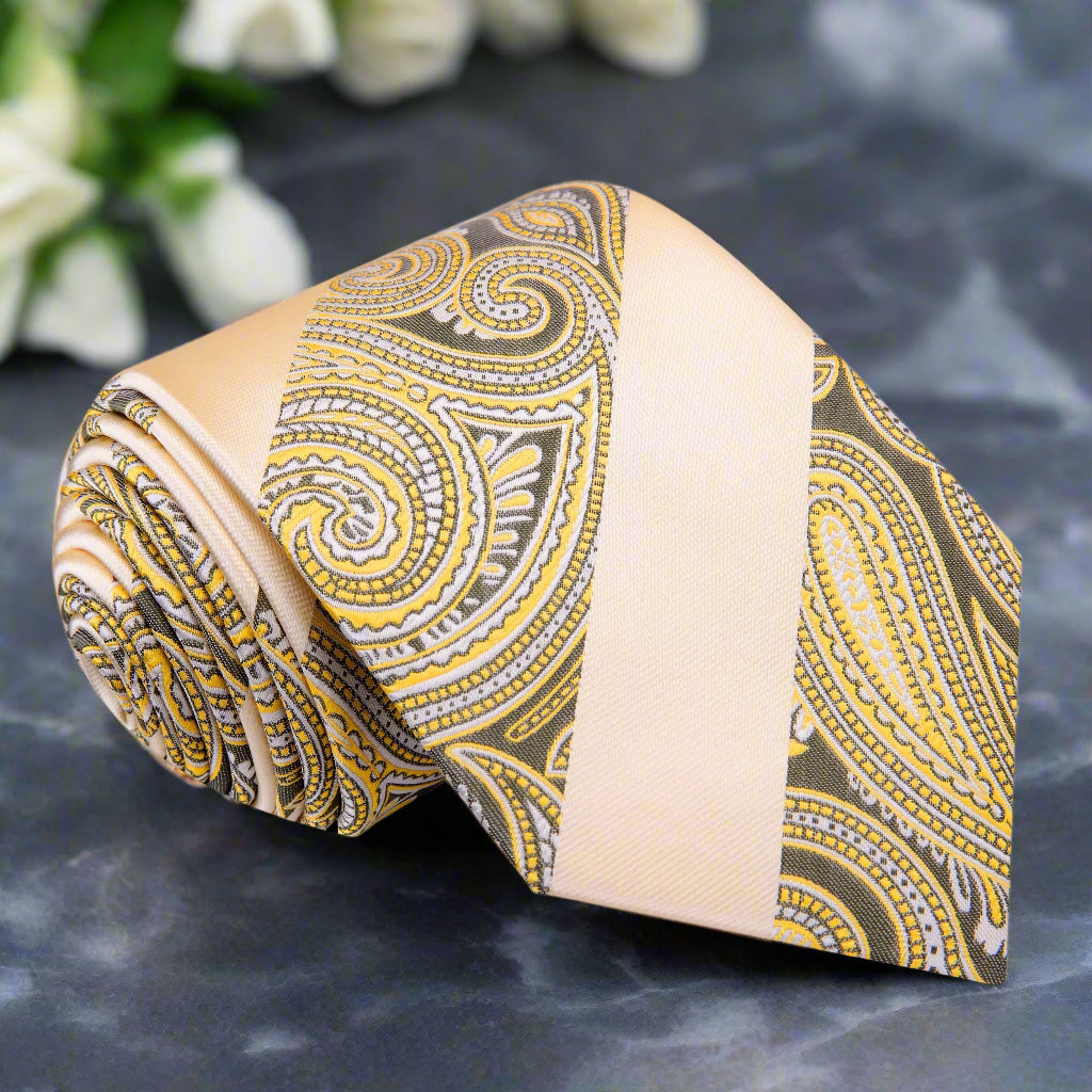 Close-up of paisley silk tie showcasing vibrant colors and intricate pattern