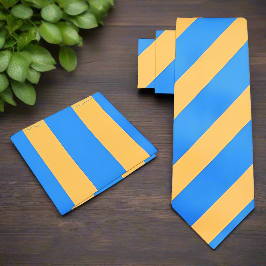 Man wearing a mens striped silk tie with a navy suit at a wedding