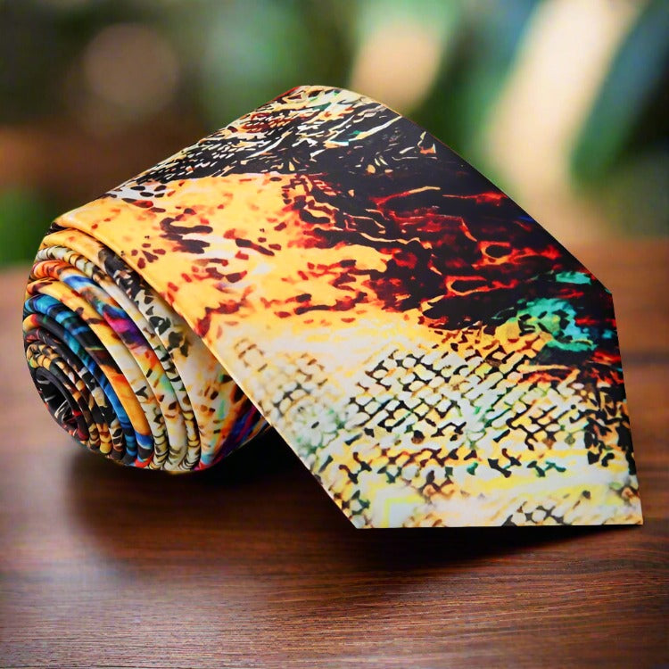 Charismatic silk tie showcasing an abstract watercolor pattern, ideal for weddings or formal events.