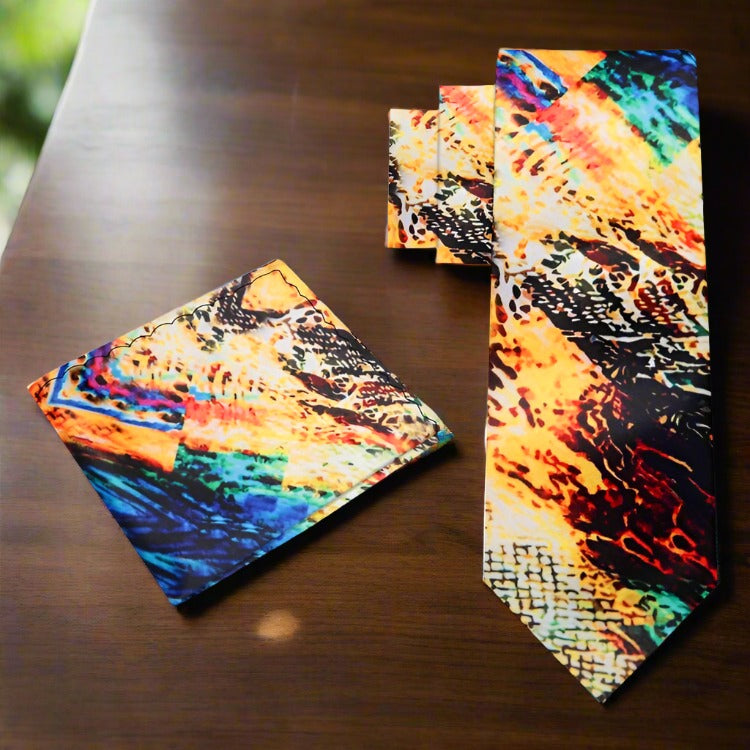 Elegant abstract watercolor silk necktie displayed on a classic suit, showcasing vibrant colors.
