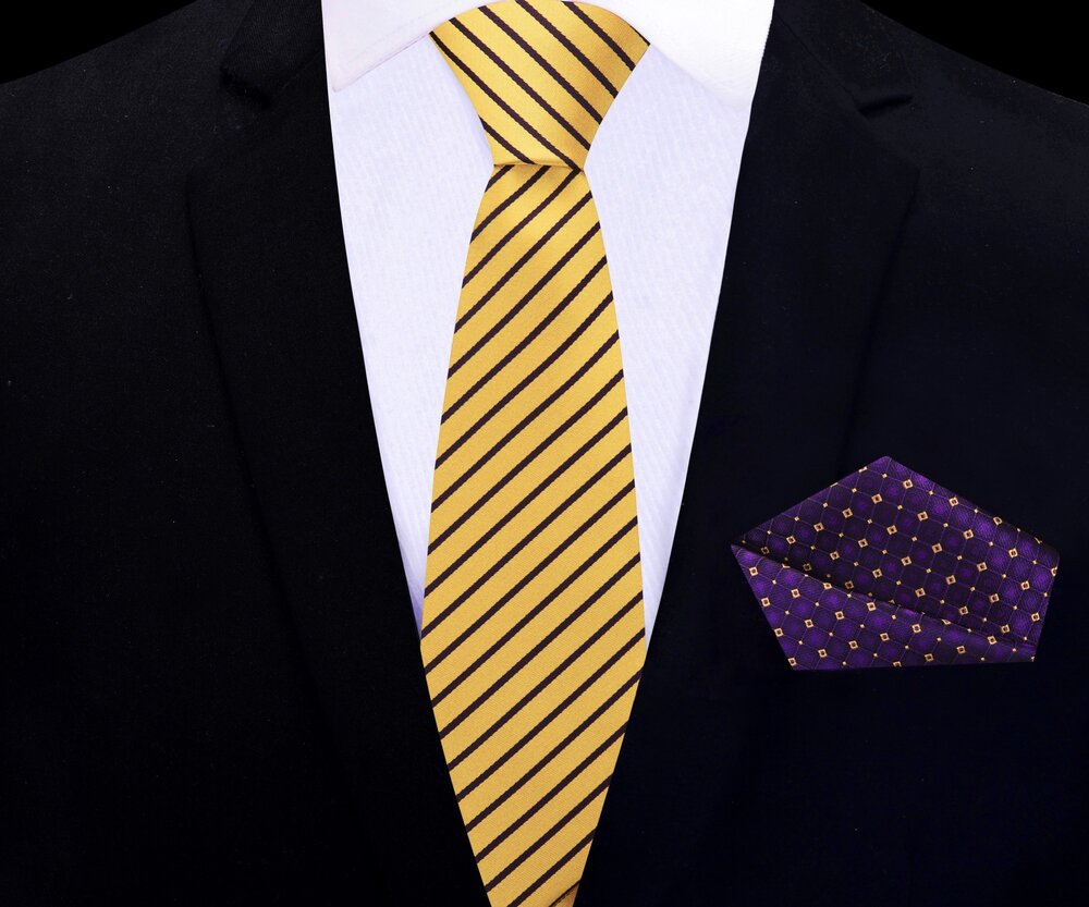 Flat lay of the yellow striped necktie and matching pocket square, ideal for formal occasions.