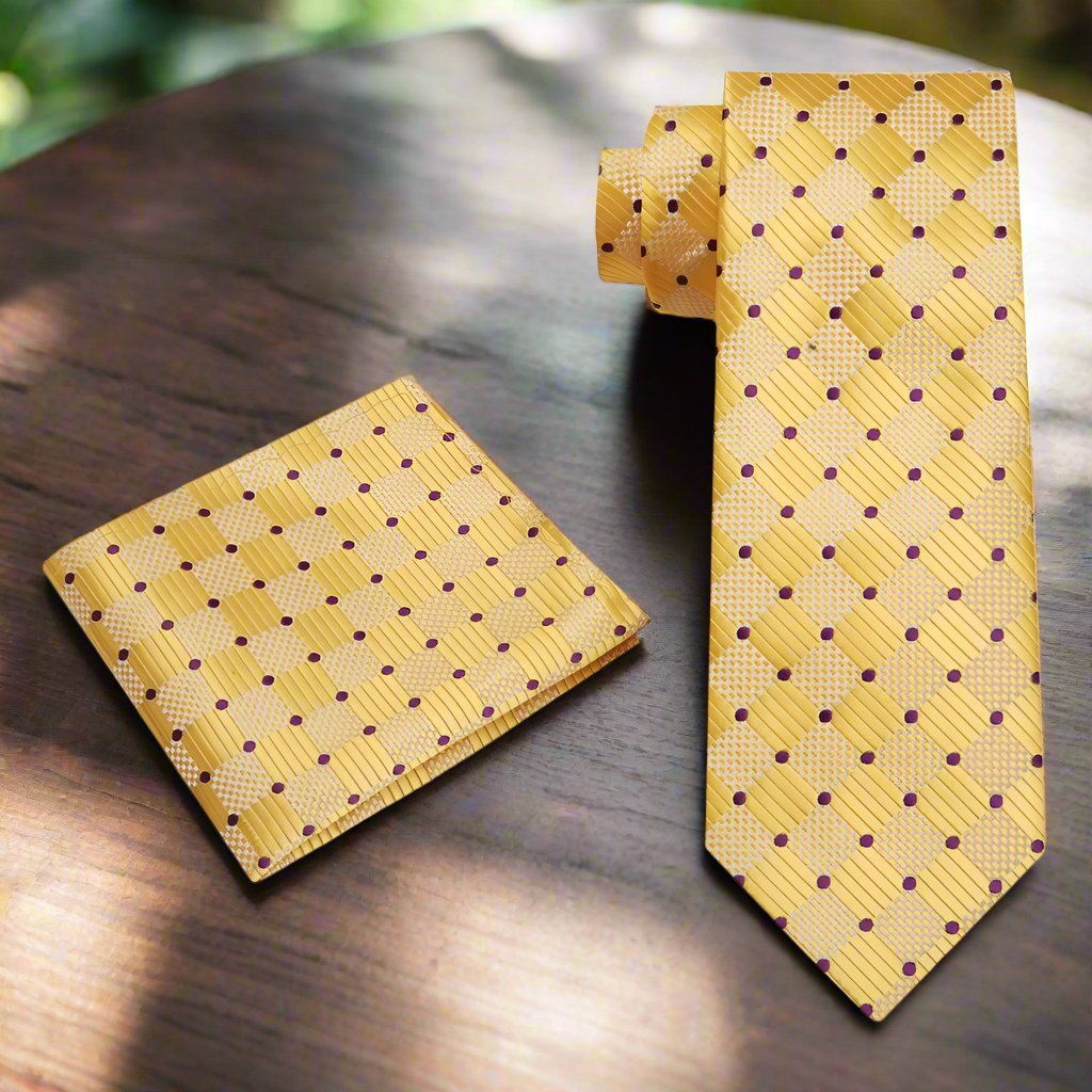 Close-up of the fabric texture and geometric pattern on the silk necktie