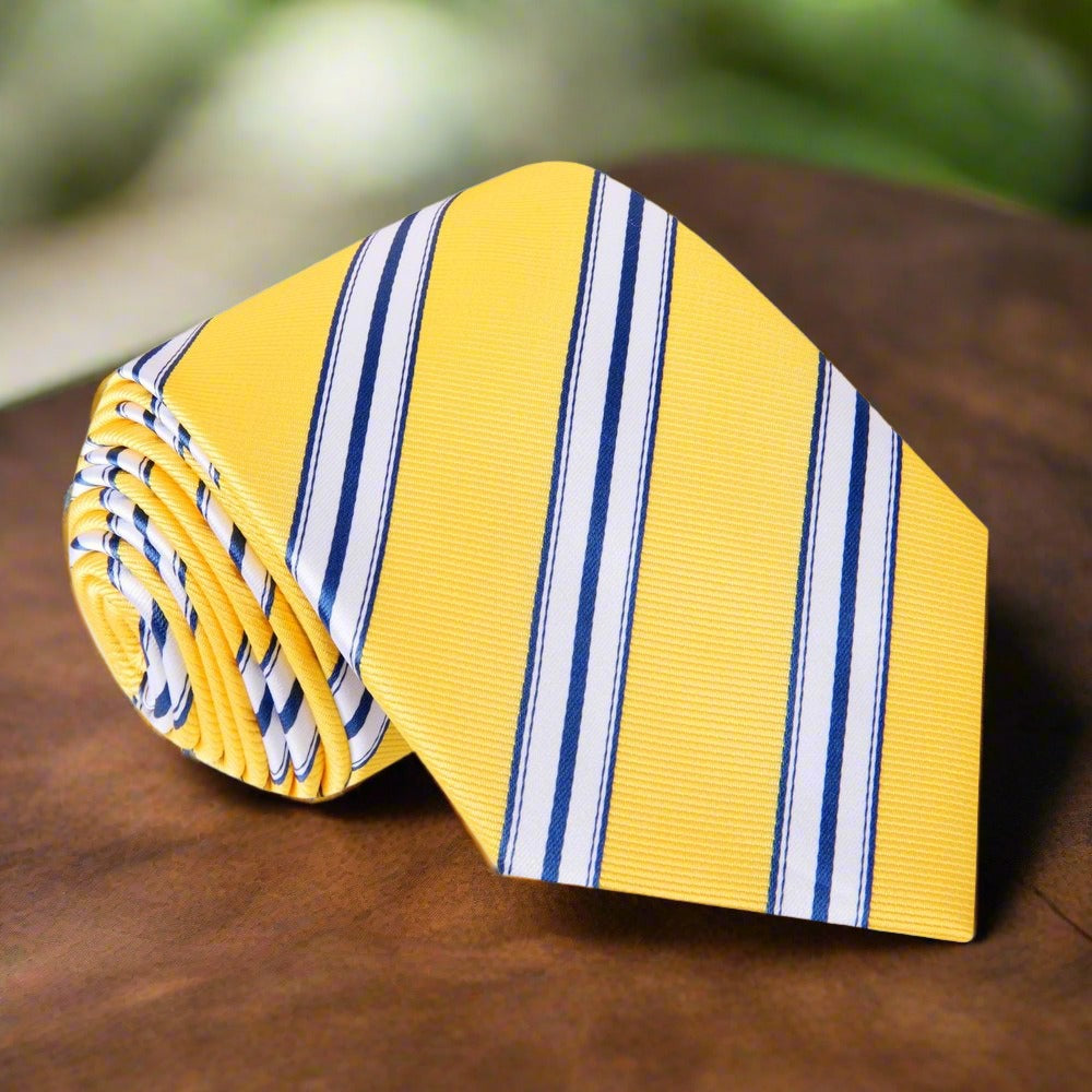 Close-up of yellow and white striped silk necktie on a mannequin