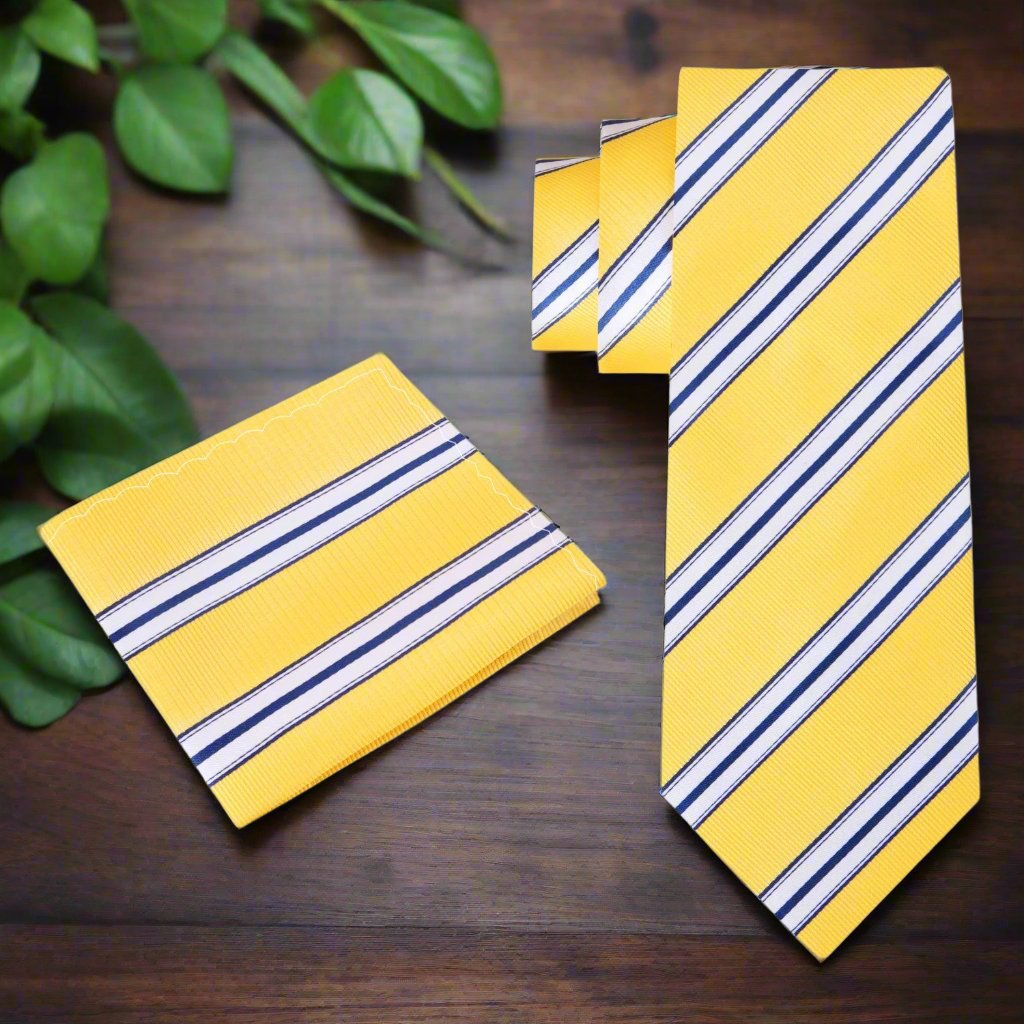 Matching pocket square with yellow and white stripes on a dress shirt