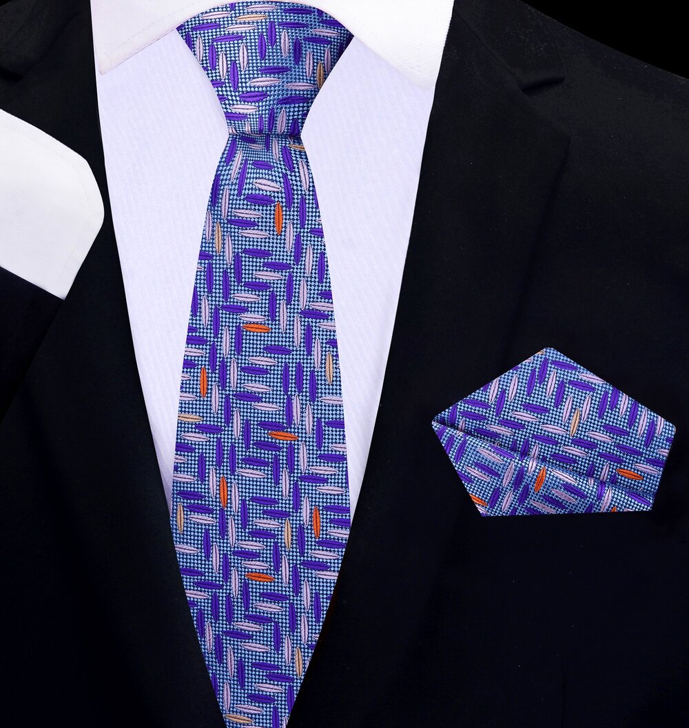 Pocket square from the light blue silk necktie set, featuring a matching geometric design, perfect for weddings.
