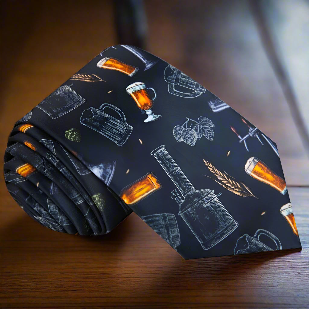 Close-up of beer print silk necktie with hops and brewing tools