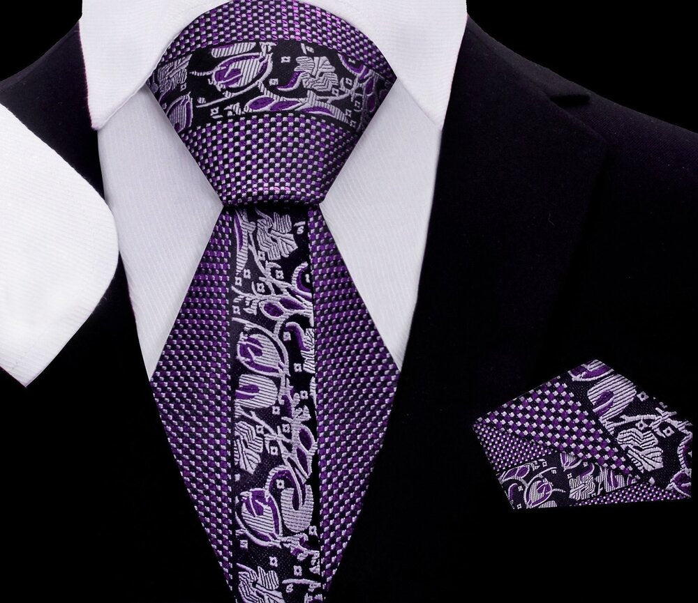 Close-up of children's metallic purple necktie with floral pattern for formal events