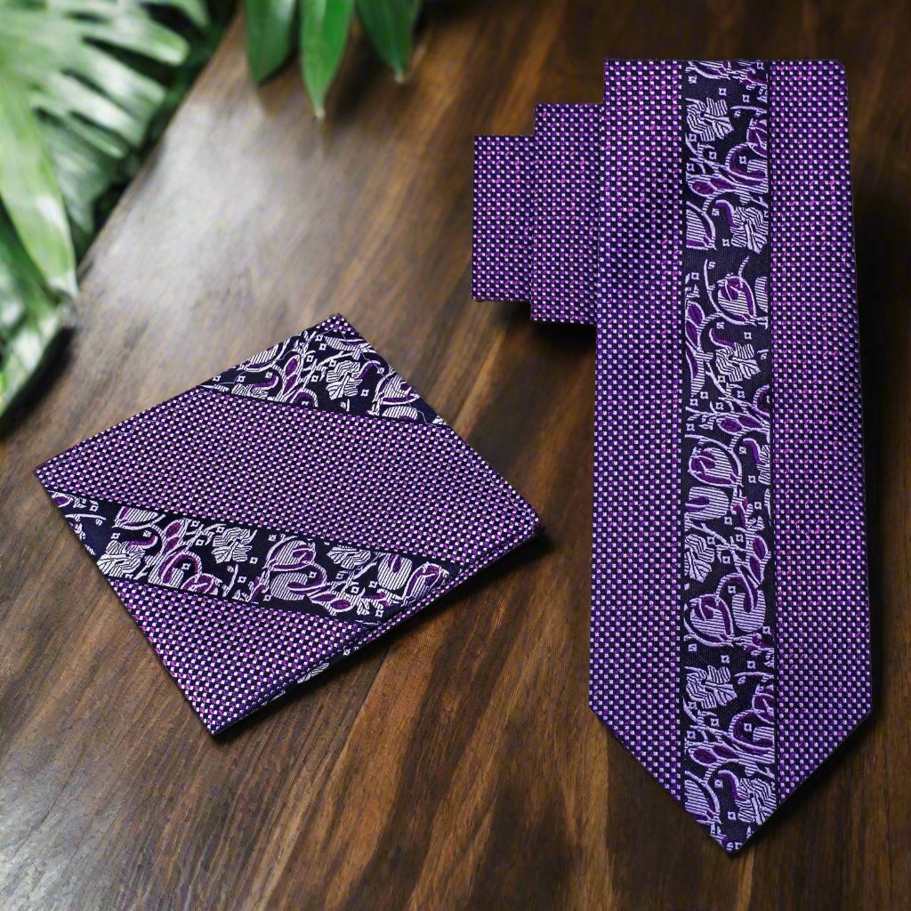 Detail shot of floral pattern and checkered design on silk necktie