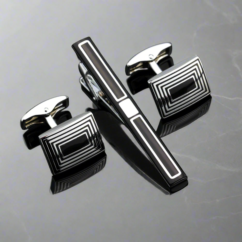 Men's square pattern cufflinks in black and chrome finish, ideal for formal occasions
