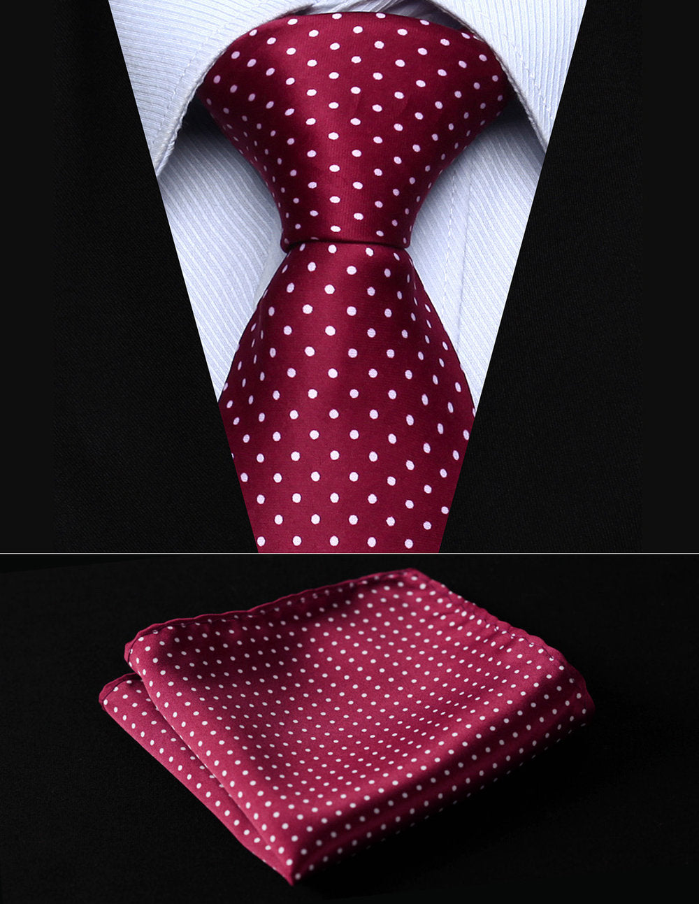 Kids burgundy silk necktie with white polka dot pattern ready for a special event