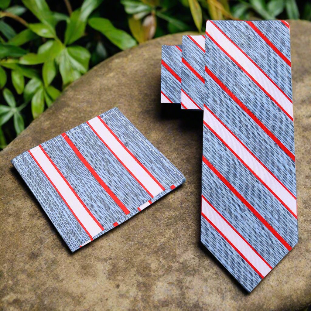 Close-up of the classic striped silk necktie showcasing its vibrant colors and pattern.