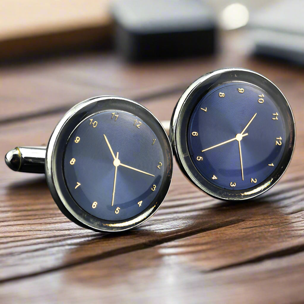 Elegant blue circle watch shield cufflinks showcasing intricate detailing.