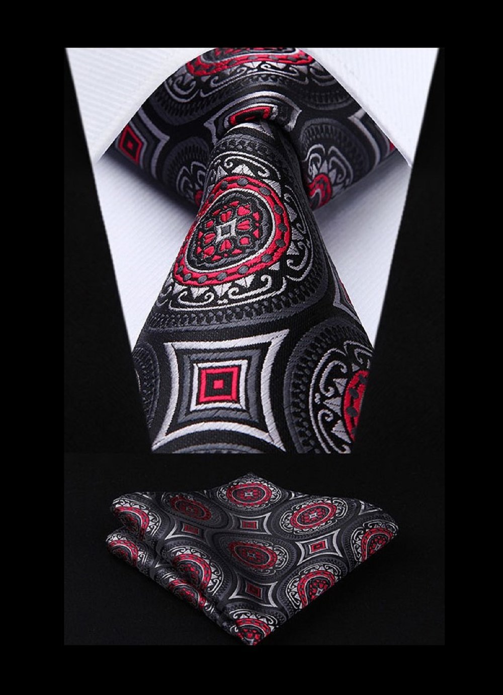Elegant kids silk tie and pocket square set in black, red, and grey for formal events.