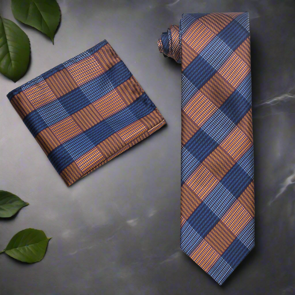 Fashionable mens plaid necktie displayed on a hanger, showcasing vibrant color options