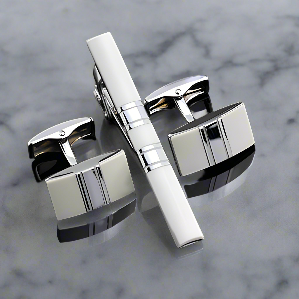 Elegant zinc alloy tie bar and cuff links set displayed on a formal shirt, showcasing their sleek design.