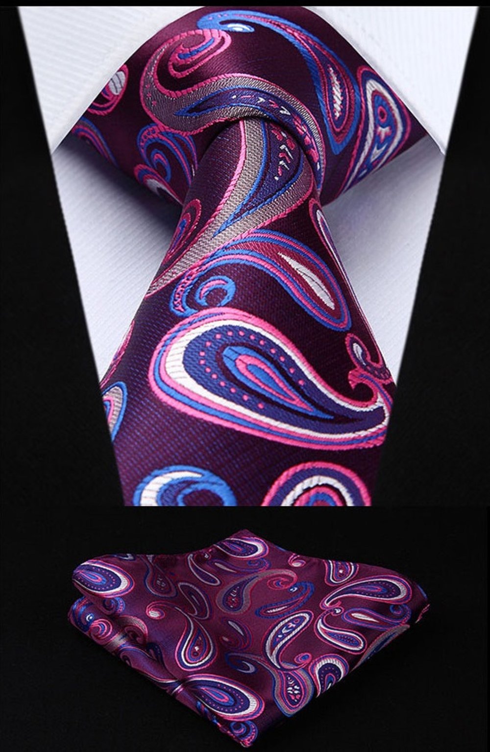Close-up of kids silk necktie and purple pocket square set on a child’s suit