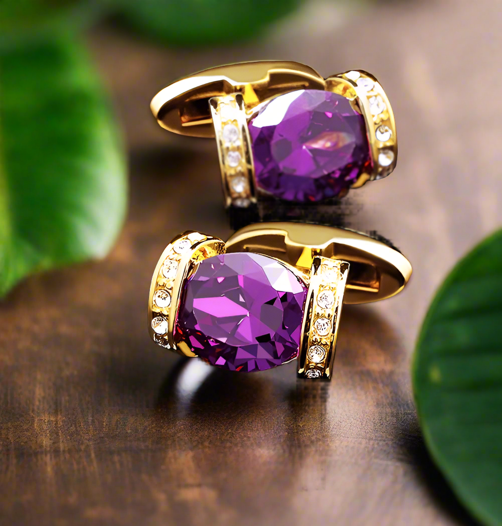 Close-up of regal gold and purple rhinestone cufflinks highlighting their sparkle and elegance.