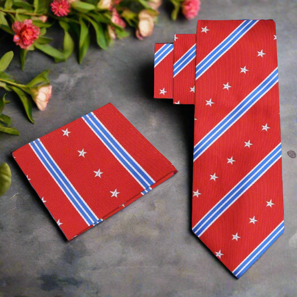 Stars and stripes patriotic necktie draped over a suit jacket, showcasing its vibrant colors and silk texture.