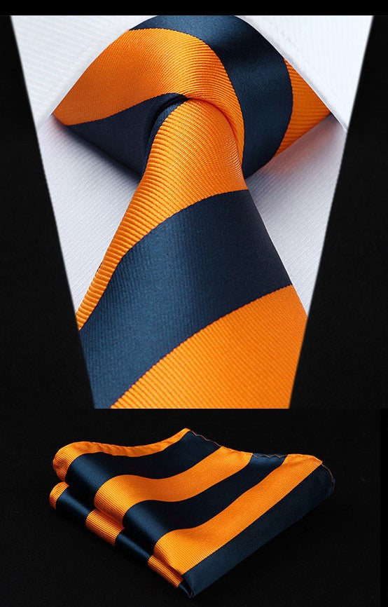 Close-up of a vibrant kids silk tie with orange and blue stripes for special occasions
