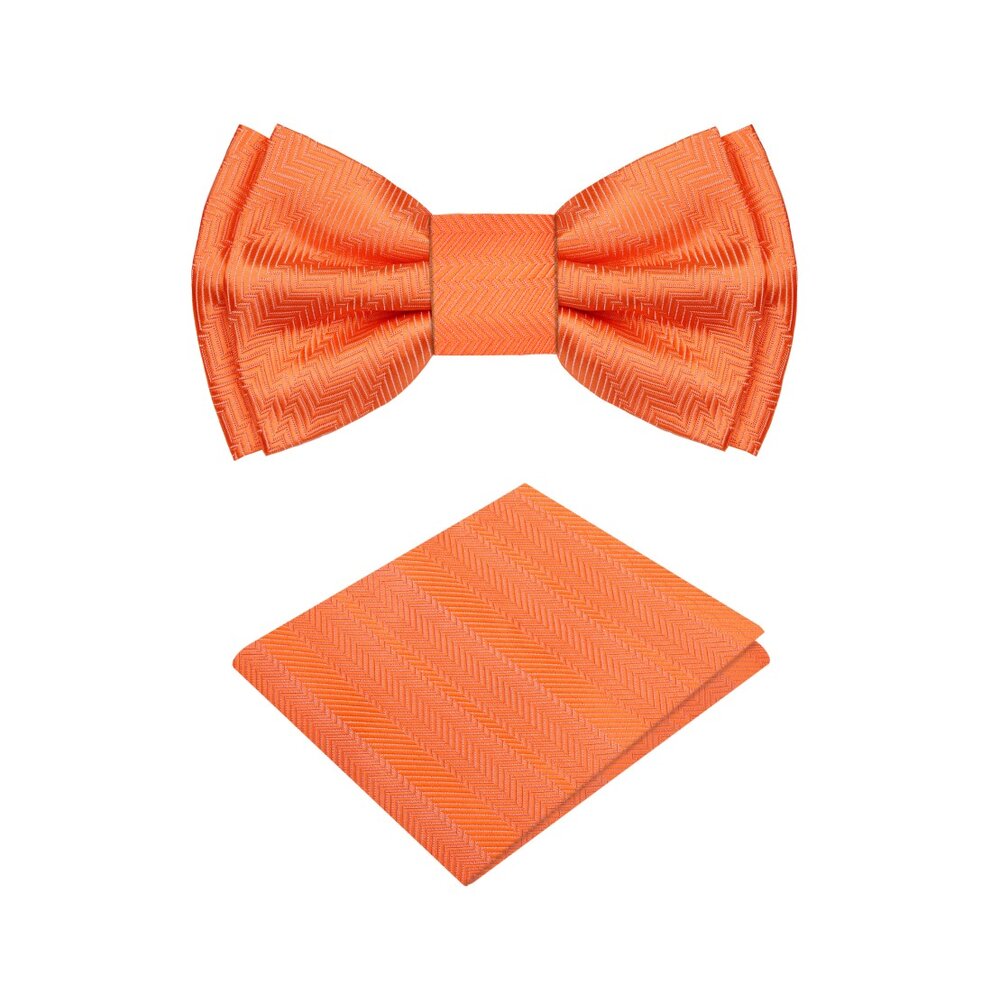 Close-up of the tiger orange kids bow tie and pocket square set, showcasing the solid lined texture.