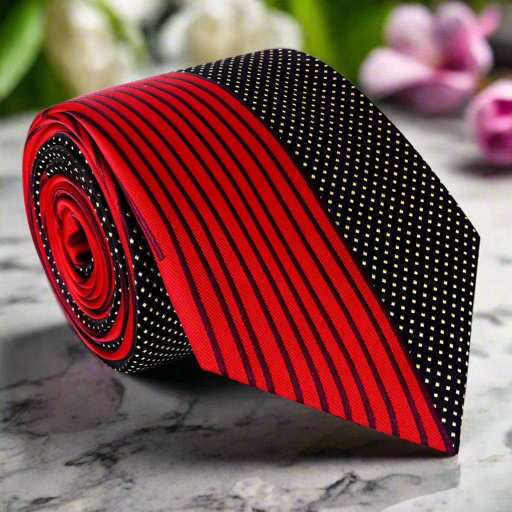 Elegant red, black, and gold silk necktie displayed on a white shirt, showcasing its abstract design.